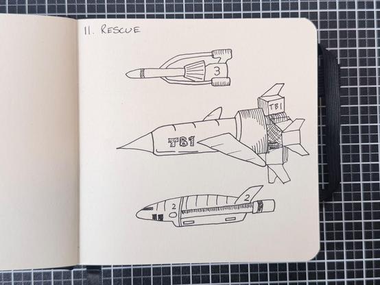 Three aircraft from Thunderbirds. Thunderbird 3, 1, and 2, fying right to left.