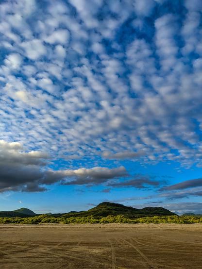 A wide, flat sandy beach marked with faint tire tracks leads to a line of sunlit dunes covered in green marram grass. In the distance the dark silhouette of a low hills rise. The upper three-quarters of the image is a bright blue sky covered in dense, patchy, patterned white "mackerel sky" clouds.