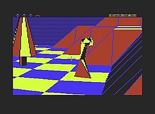 A Meanie from the C64 version of the videogame The Sentinel. A blue and yellow check floor with red hills. On it stands a tree, and a meanie, which looks a little bit like a low polygon cobra. A Meanie from the C64 version of the videogame The Sentinel. A blue and yellow check floor with red hills. On it stands a tree, and a meanie, which looks a little bit like a low polygon cobra.