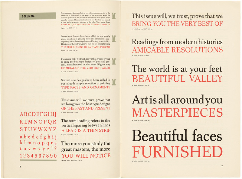 The Five Columbia Type Series
Book, 24 pages. Saddle stitched. 3 color printing. Black, red, and gray ink.
