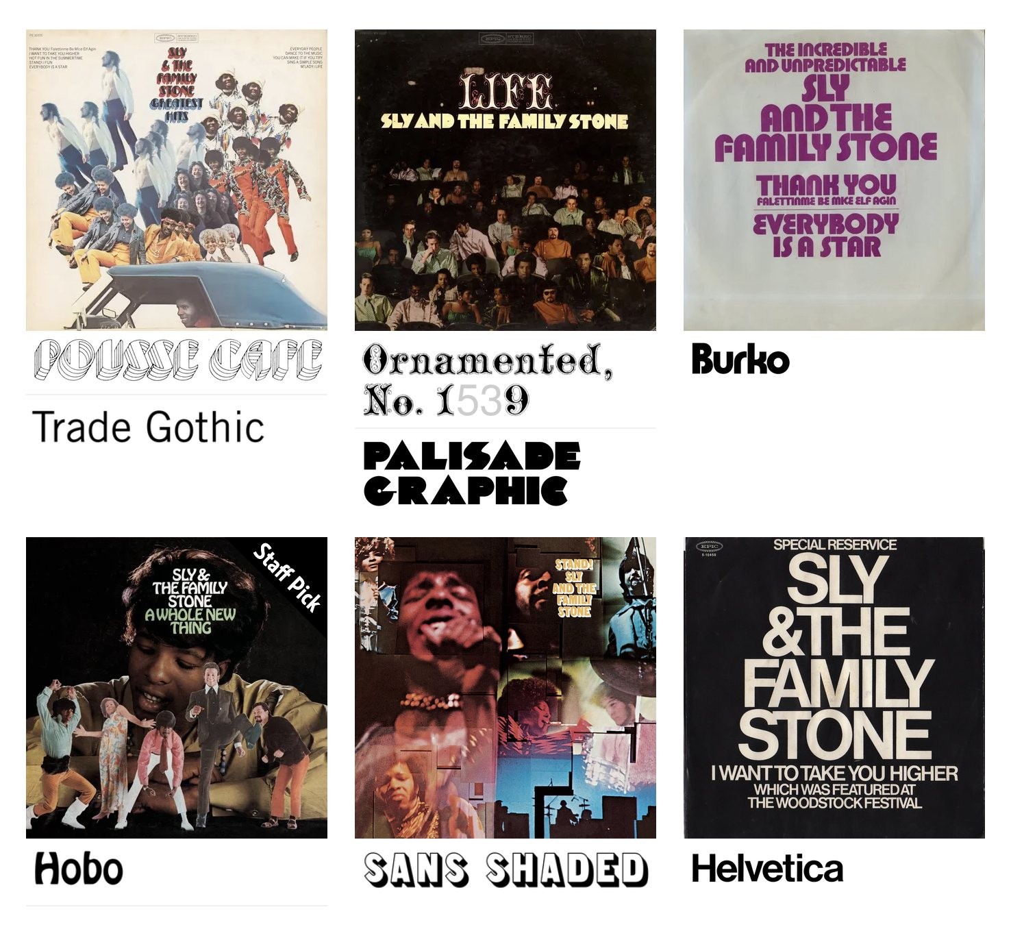 Detail from the tag index page for Sly and the Family Stone at Fonts In Use (https://fontsinuse.com/tags/20546/sly-and-the-family-stone), showing six thumbnail images of album covers and single sleeves by the group