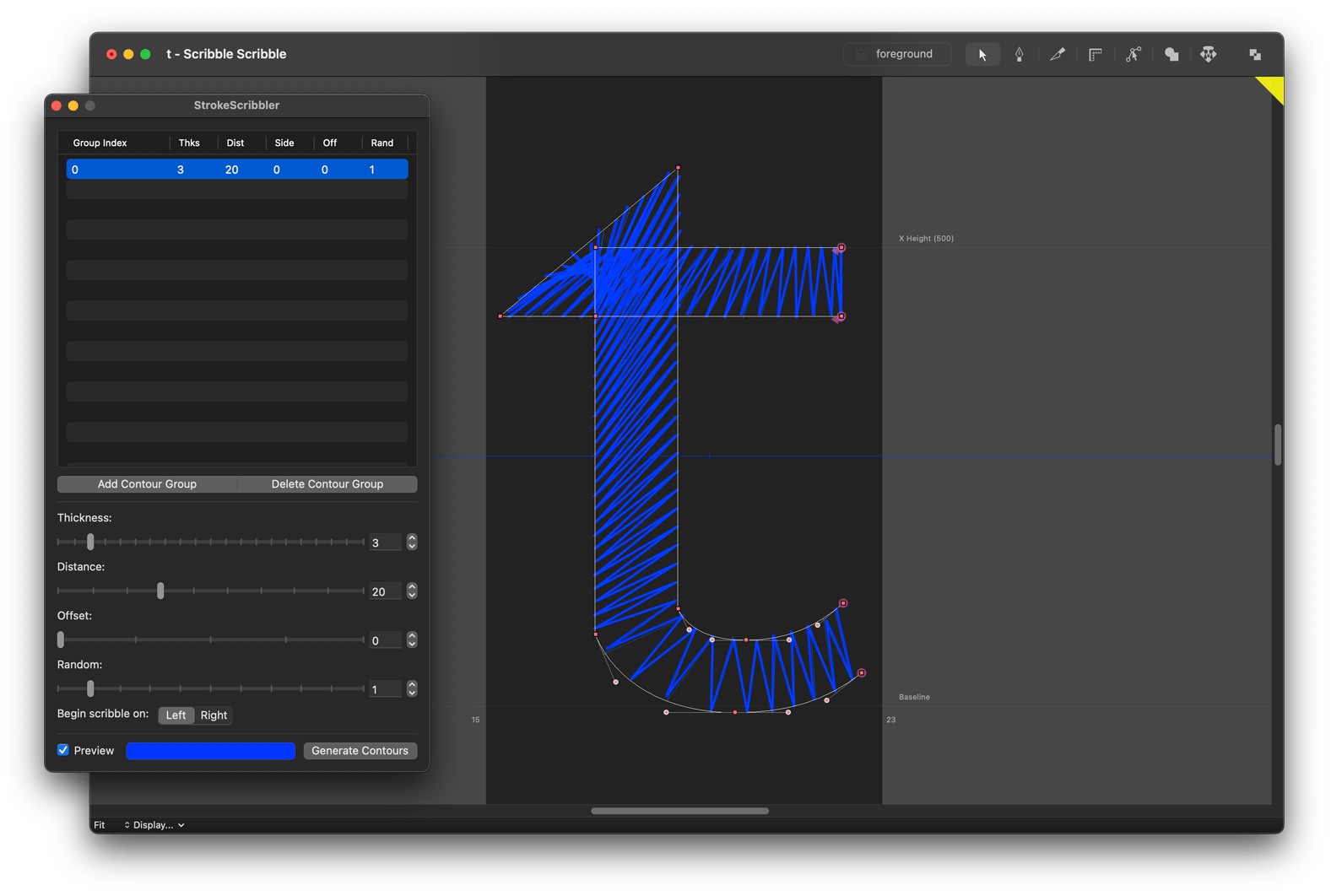 A screenshot of the StrokeScribbler palette and a Robofont glyph window where are the outlines of lowercase “t” are overlaid with a blue zigzag line.