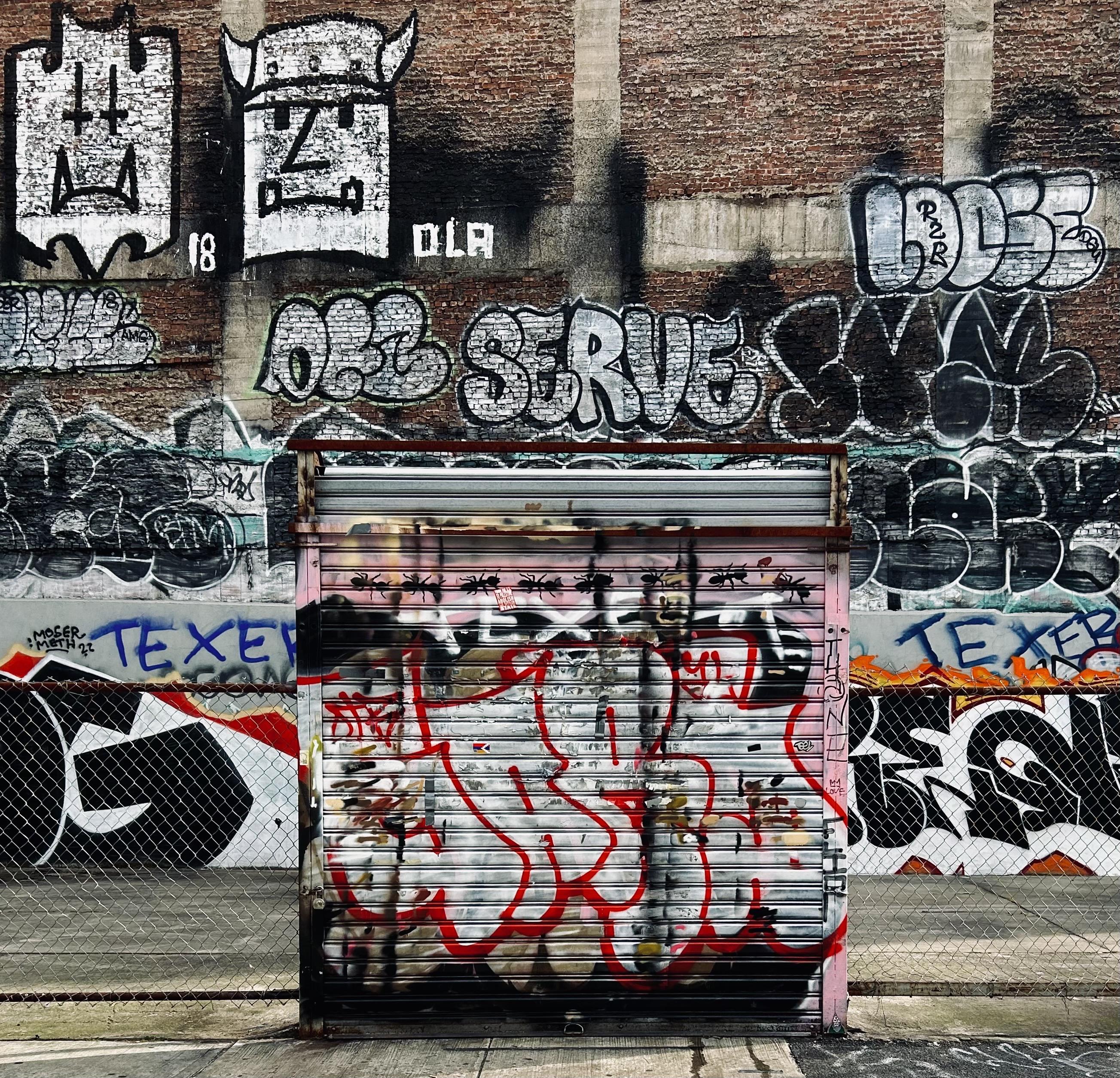 A color photograph in a square aspect ratio of a vacant parking lot on the corner of Lafayette Street at Canal Street in the SoHo neighborhood of Manhattan. It is afternoon time on a partly cloudy day. The image shows a detailed view of a brick wall, and in front of it a metal garage door, both covered in a dense mix of graffiti. The upper part of the brick wall features a series of graffiti pieces. The scene is framed by a chain-link fence in the foreground on either side of the garage door. The lower part of the image is dominated by a metal garage door, which is covered in a chaotic combination of tags. The scene is still.