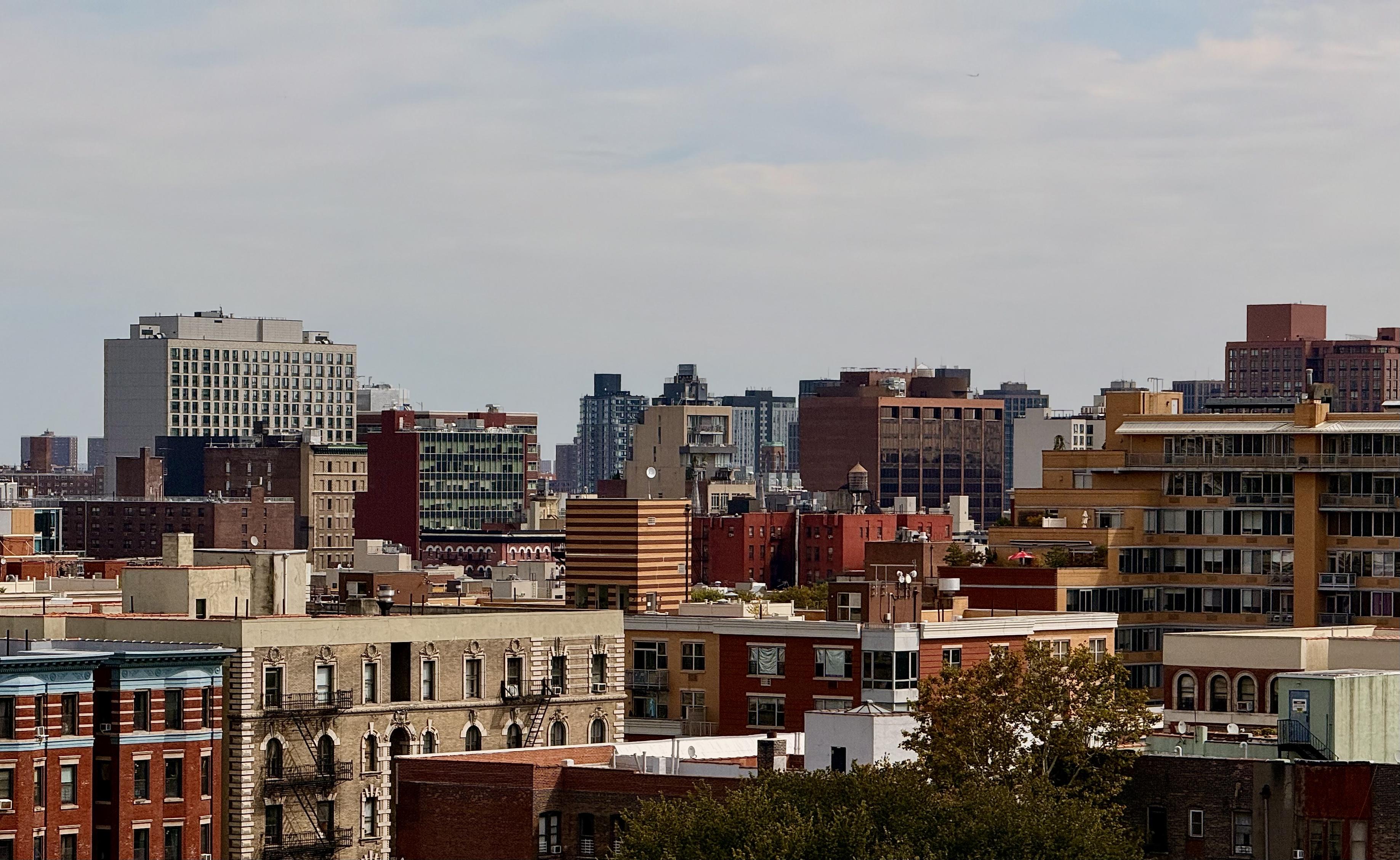 A color photograph, a panoramic view of the dense Harlem cityscape taken from an elevated observation deck in Morningside Park on a cloudy day. The scene is dominated by an array of buildings ranging in height and architectural style. The foreground consists of the rooftops of shorter, older residential and commercial buildings, many have fire escapes on their facades. Notable colors in the foreground are the dark red and brown bricks of these structures, with one building on the far left having a distinctive blue and red lower facade. Taller trees from the park are seen on the lower right corner of the frame.