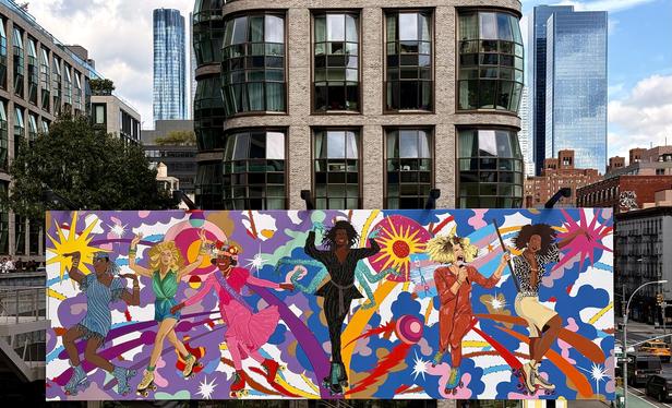 A color photograph of the 18th street art installation along the High Line in Manhattan with skyscrapers in the distance behind it. It is a horizontal outdoor mural of six vibrant drag queens on rollerblades in the foreground, installed low on an urban street. The mural itself is a bold, graphic illustration in an expressive, dynamic style, set against an abstract background of swirling shapes in purples, pinks, yellows, and blues, with bursts of stylized sunshine or stars. The six figures, positioned in an action stance, wear glittering, brightly colored outfits, makeup, and wigs, and each has classic yellow-wheeled quad roller skates. 1. A queen with dark skin and hair, wearing a sequined light blue striped mini-dress and a cap. 2. A lighter-skinned queen with long blonde hair and sunglasses, wearing a lime green and purple mini-dress. 3. A queen with dark skin, a large floral headpiece, and a bright pink dress. 4. The central figure, a queen with dark skin and a powerful stance, wears a shimmering black jumpsuit and holds both hands above her head in a triumphant pose. 5. A queen with striking platinum blonde hair and dark roots, wearing a textured, reddish-orange leather-look jumpsuit. 6. A queen with dark skin, wearing a black and white patterned top and a tan skirt.