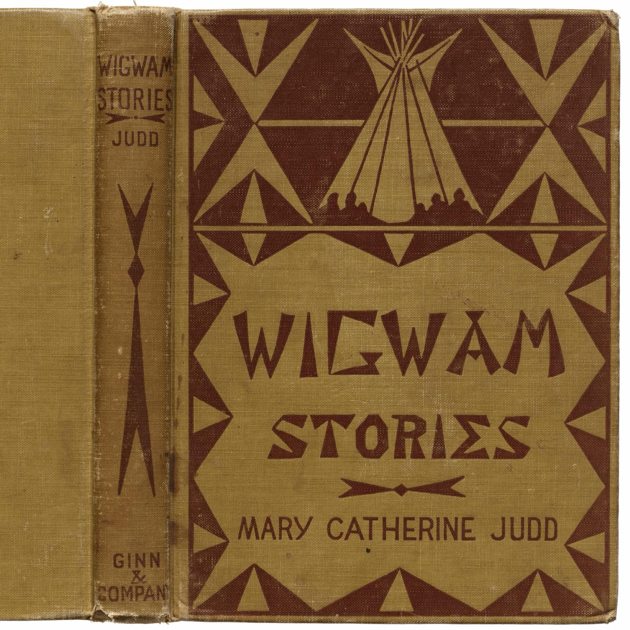 Binding of a book showing the front cover and spine. The cover has a “WIGWAM STORIES” title featuring triangular lettering.
