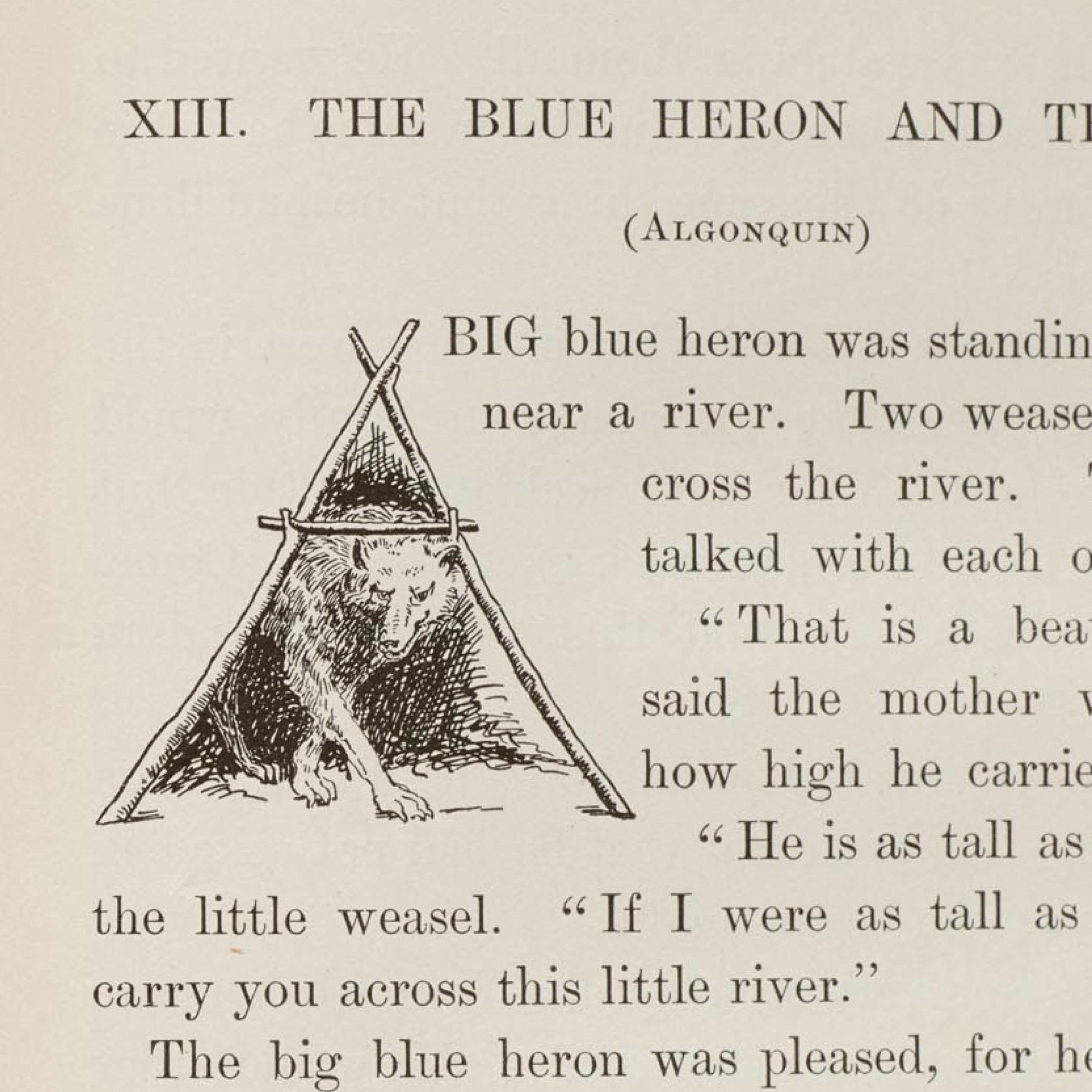Cropped detail of a page from Wigwam Stories showing a drop cap “A” made of tree branches with a wolf peering through.