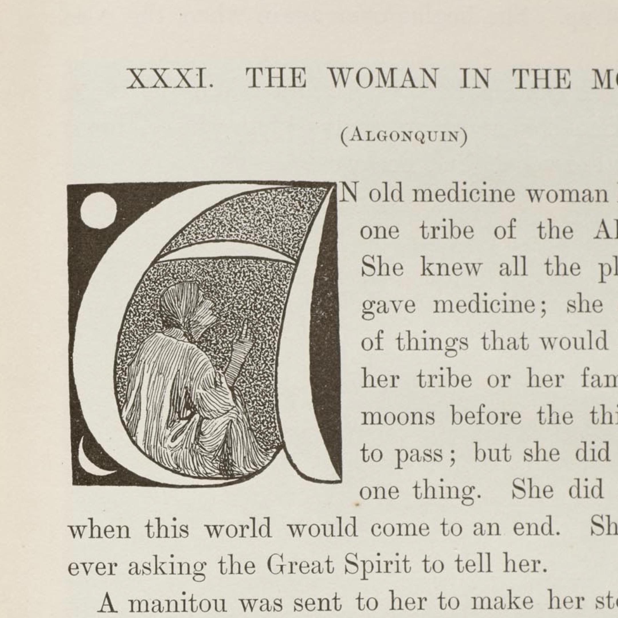 Cropped detail of a page from Wigwam Stories showing a drop cap “A” made of curved lines and surrounded by phases of the moon. A woman inside the “A” looks upward.