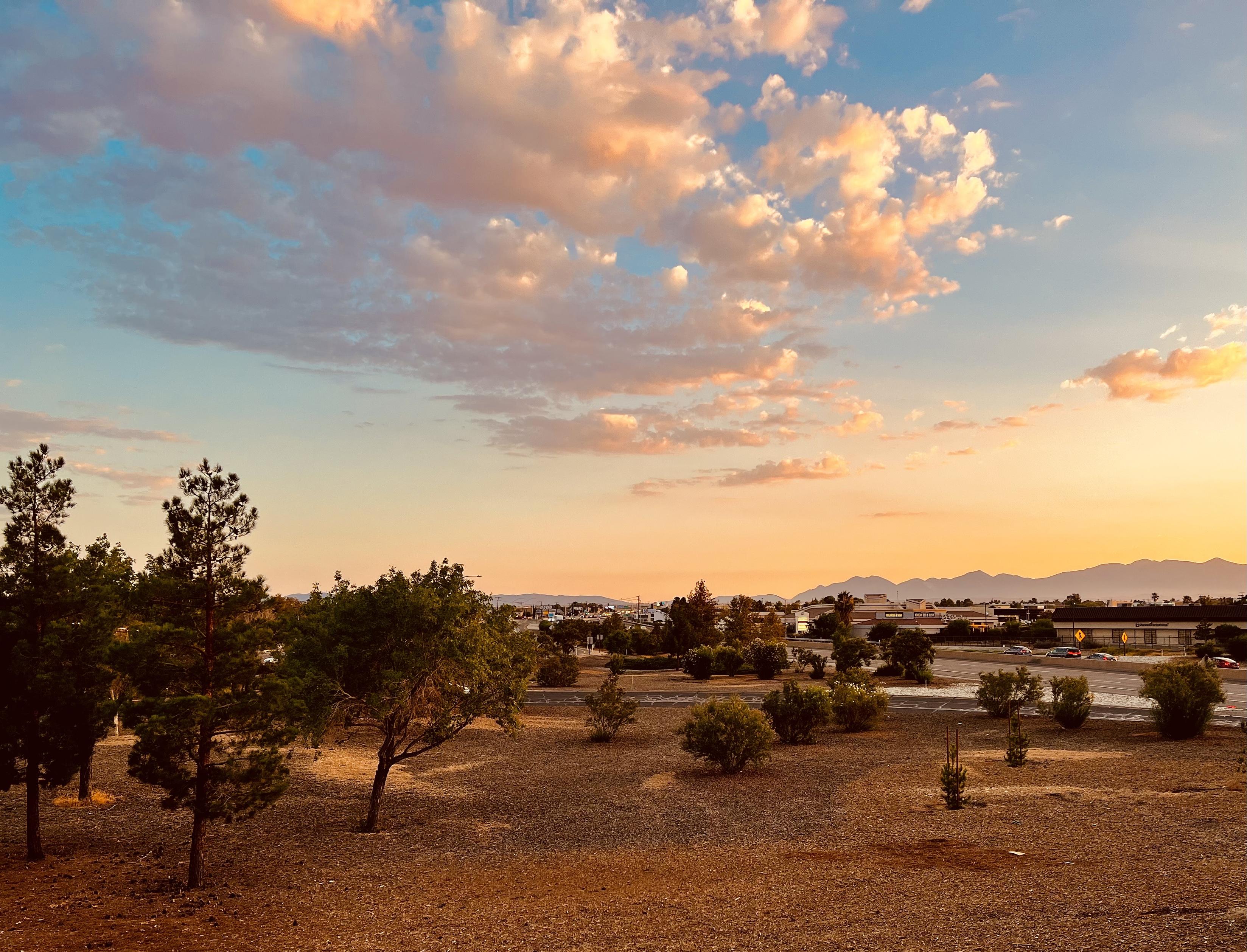 A color, wide-angle, outdoor landscape photograph of a sunset over West Bear Valley. The image captures a dramatic, colorful sky above the semi-arid landscape nestled at the foot of mountains. The sky dominates the upper two-thirds of the image, displaying a gradient from deep blue at the top to a warm golden-orange and soft pink near the horizon, accented by scattered, brilliantly lit clouds. The foreground consists of a dry, reddish-brown field with sparse, low-lying vegetation and a few prominent dark green conifer and deciduous trees on the left. In the midground, a low line of bushes and trees separates the field from a glimpse of a developed area, including a road with vehicles, and low buildings. The background is defined by a range of hazy, silhouetted mountains stretching across the horizon under the bright sky.