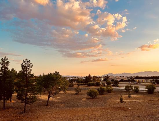 A color, wide-angle, outdoor landscape photograph of a sunset over West Bear Valley. The image captures a dramatic, colorful sky above the semi-arid landscape nestled at the foot of mountains. The sky dominates the upper two-thirds of the image, displaying a gradient from deep blue at the top to a warm golden-orange and soft pink near the horizon, accented by scattered, brilliantly lit clouds. The foreground consists of a dry, reddish-brown field with sparse, low-lying vegetation and a few prominent dark green conifer and deciduous trees on the left. In the midground, a low line of bushes and trees separates the field from a glimpse of a developed area, including a road with vehicles, and low buildings. The background is defined by a range of hazy, silhouetted mountains stretching across the horizon under the bright sky.