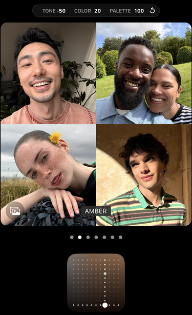 A screenshot of the iOS 26 photographic styles panel in Settings app. The undertone style chosen is ‘Amber’. Tone is set to -50, color is set to 20 and palette is set to 100.