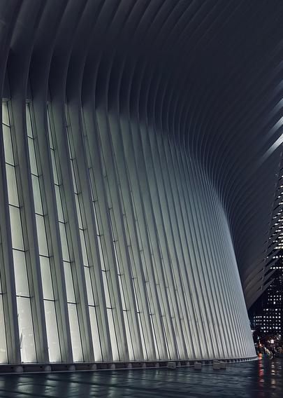 A color, low-angle photograph in portrait orientation that captures the ribbed architectural exterior of the Oculus transportation hub in Lower Manhattan on an overcast, dim early winter morning. The image is dominated by the curving, upward sweep of the structure's massive white aluminum fins, which create a repetitive pattern of light and shadow, suggesting the form of a skeletal wing. The vertical fins are illuminated from behind, casting a soft, cool, diffused white light that highlights their texture and the deep shadows between them. The lines converge toward the upper right corner, emphasizing the immense scale and dramatic design. The lower portion of the image shows the building resting on a dark, wet, reflective concrete plaza which mirrors the illumination of the structure above, adding a glassy sheen to the scene that reinforces the feeling of a cold environment. To the right of the central structure, the dark facade of the adjacent One World Trade Center skyscraper is visible, featuring a grid of small, brightly lit windows.
