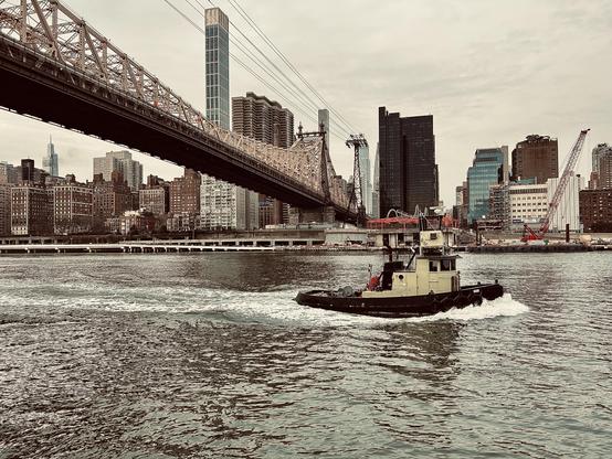 A color, wide-angle photograph that captures a scene on the East River in New York City. The image is desaturated, taken on a cloudy winter afternoon. The primary subject is a small, yellow and black color tugboat moving quickly across the foreground, creating a distinct white wake behind it on the choppy dark water. The tugboat is centered slightly to the right of the frame. Dominating the upper-left and center of the image is the massive, truss-supported Queensboro Bridge, which spans the river diagonally from the upper-left corner toward the center-right background. The background is a dense skyline of Midtown Manhattan, viewed from the perspective of Roosevelt Island. The buildings vary in height and style, featuring older brick apartment complexes on the far left, transitioning to modern glass and concrete skyscrapers in the center and right. There is active construction visible on the right, indicated by a large red and white construction crane.
