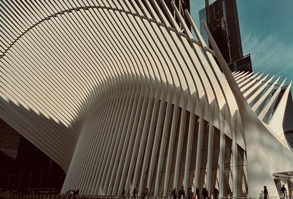 A color wide-angle photograph that captures the exterior of the Oculus at the World Trade Center near sunset. The scene shows its massive, white steel ribs curving upward like the wings of a skeletal bird. The structure dominates the frame, with the repetitive vertical and sweeping lines of the architecture creating a rhythmic, fan-like pattern against the sky. The late afternoon winter sun casts deep, dramatic shadows between the white beams, emphasizing the sharp angles and organic curves of the design. In the background, the glass facade of a neighboring skyscraper reflects the cool blue of the sky and the warm, golden glow of the setting sun. At the base of the structure, a line of small, dark figures of pedestrians walk along the sidewalk, their scale highlighting the size of the building.