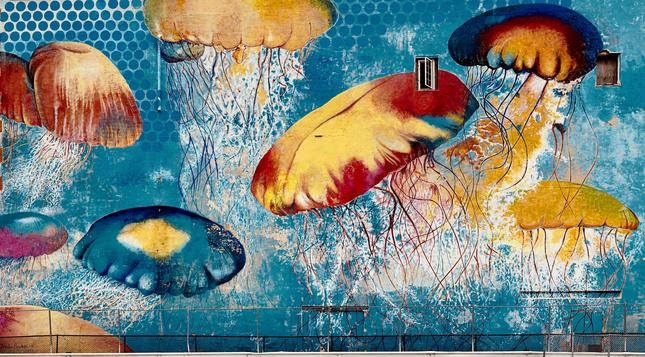 A color, wide-angle photograph in landscape orientation that captures a large-scale mural of stylized jellyfish covering the weathered side of a building next to a parking lot. The mural stretches across the wall in a textured blue background that mimics a deep ocean scene. The jellyfish are depicted in shades of golden yellow, fiery orange, and deep navy blue, with long, delicate, wire-like tentacles that trail downward and intertwine toward the bottom of the wall. Subtle patterns of light blue circles and dots are scattered across the background to suggested bubbles. The mural has a slightly distressed appearance, with patches of the underlying masonry showing through, giving the artwork a rustic, urban feel. Integrated into the mural’s composition are two small, rectangular windows located in the upper right part of the frame. The window on the left is open with white-painted frames, while the window further to the right is completely boarded up with dark wood. At the very bottom of the image, a chain-link fence runs along the base of the building, partially obscuring the lower trailing edges of the jellyfish tentacles.