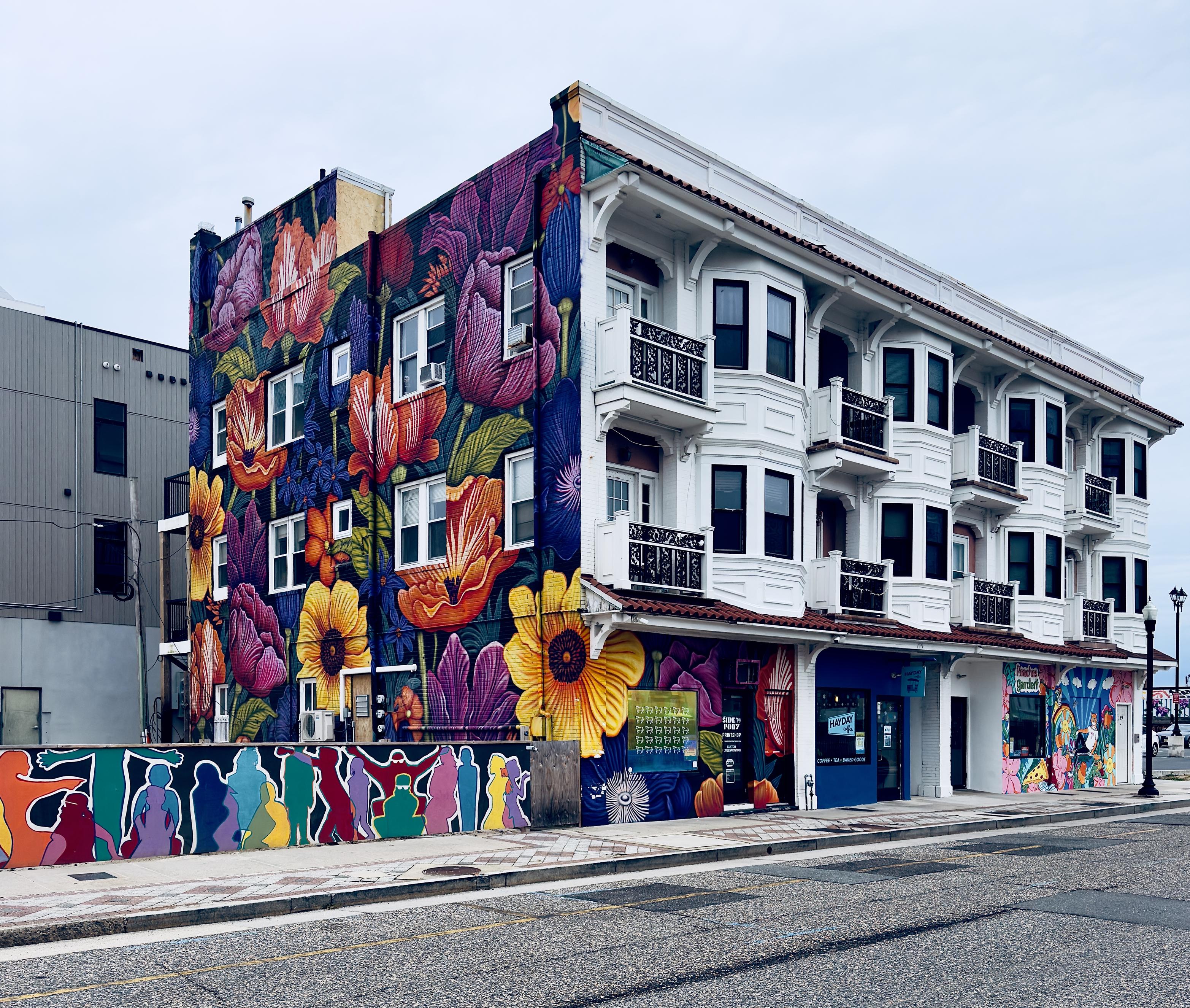 A color, wide-angle photograph that captures a three-story corner building in Atlantic City on an overcast winter afternoon. The building features an expansive, vibrant mural of oversized flowers covering its left side and wrapping around the ground floor. The mural is a dense composition of tulips and sunflowers in deep shades of purple, orange, yellow, and blue, creating a striking contrast against the building’s upper white facade. To the far left, a low wall continues the artistic theme with a series of stylized, colorful silhouettes of people in various poses. At the street level, small storefronts are integrated into the mural, including one with a blue sign for "Hayday Coffee" and a cannabis dispensary with whimsical, cartoonish illustrations. The architectural style of the building combines traditional elements with modern artistic flair. The upper two floors on the right are painted a crisp white, featuring classic bay windows and small balconies with ornate black wrought-iron railings. A terracotta-style tiled roofline runs above the ground-floor shops, separating the residential-looking upper levels from the commercial street front. The photo is taken from across an asphalt road, capturing the building from an angled perspective that highlights the transition from the bold, floral street art on the left to the more structured, white-paneled architecture on the right.