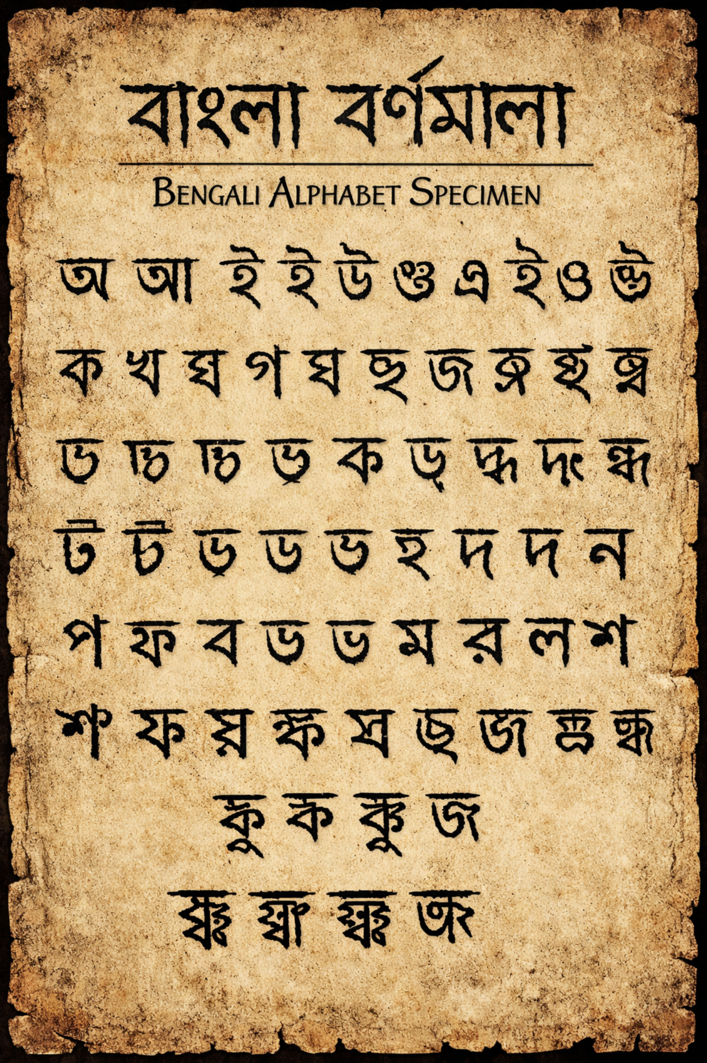 AI-generated image labeled ‘Bengalu Alphabet Specimen’, showing a mix of correct and incorrect Bangla letterforms, with frequent repetitions, and a small number of unreadable conjunct ligatures. Very funny.