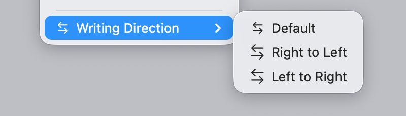 Screenshot of a Tahoe "Writing direction" sub menu, with all the options having the exact same icon