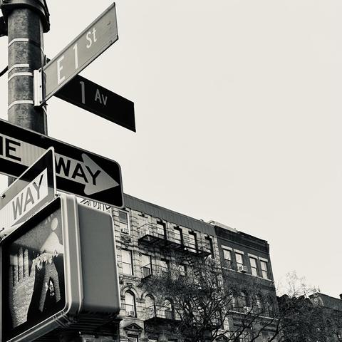 A noir, low-angle photograph in square aspect ratio that captures the urban landscape at the intersection of East 1st Street and 1st Avenue in the East Village neighborhood of Manhattan. In the immediate foreground, a metal utility pole holds a cluster of street signs and traffic signals. A street sign labeled "E 1 St" points toward the upper right, while another sign for "1 Av" sits just below it. Two "ONE WAY" signs with bold directional arrows point toward the left and right, partially overlapping a pedestrian "Don't Walk" signal box. The background features the upper stories of classic New York City tenement buildings. The architecture is characterized by dark masonry, rows of rectangular windows, and prominent black metal fire escapes zigzagging across the facades. Bare, spindly winter tree branches reach upward from the sidewalk level, partially obscuring the lower windows. The sky is a flat, bright grey, providing a stark contrast to the dark, detailed silhouettes of the buildings and the sharp lines of the foreground street signs.