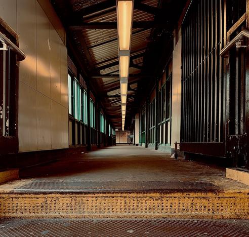 A color photograph in square aspect ratio that captures a long, dimly lit pedestrian walkway overpass at the Fordham Road subway station the Bronx. The perspective is taken from a low angle at the top of a set of stairs, looking down a narrow corridor that stretches into the distance over Fordham Road. In the foreground, the textured, yellow-painted edge of a concrete step is visible, featuring a perforated metal safety grip. Above, a single, continuous fluorescent light fixture runs down the center of the dark, industrial ceiling, casting a warm, amber glow on the floor and walls while leaving the upper corners in deep shadow. The sides of the walkway are lined with a series of windows framed in dark green metal, though the view outside is obscured there is afternoon light shining onto the walkway. On the right, a heavy black metal gate stands partially open. The walls are a mix of off-white paneling and dark structural elements, showing signs of age and wear. The overall mood is quiet and somewhat cavernous, emphasized by the receding lines of the architecture and the high-contrast lighting that creates a dramatic tunnel effect.