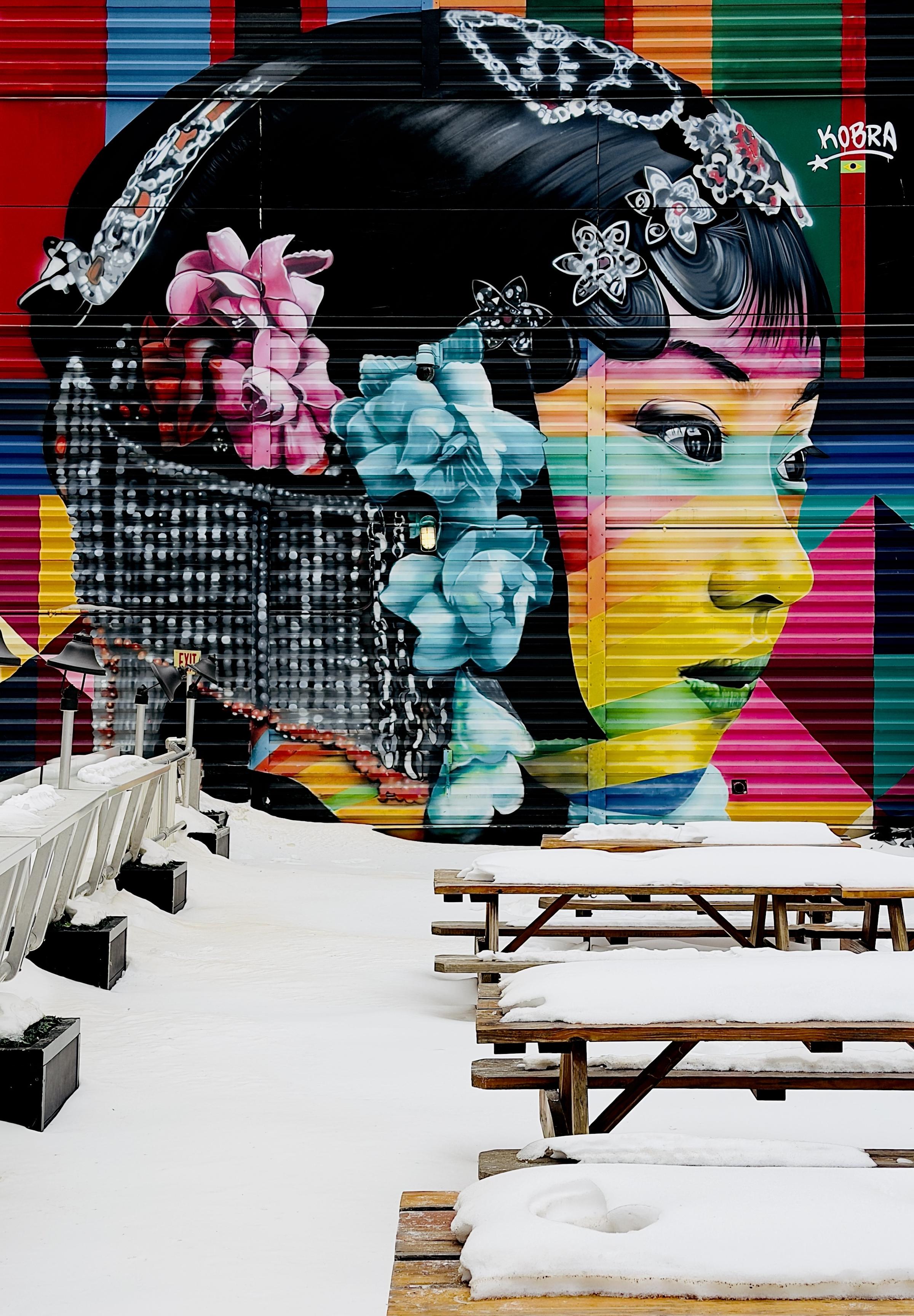 A color, medium-angle photograph in portrait orientation taken along the street outside of The Oculus at World Trade Center in Manhattan. There is a vibrant, large-scale mural by the artist Eduardo Kobra painted onto a corrugated metal wall, serving as a backdrop to a snow-covered outdoor seating area. The mural depicts a stylized portrait of a woman with East Asian features, her face rendered in Kobra’s signature kaleidoscopic style with horizontal bands of saturated yellow, orange, green, and pink. She gazes off to the right with a serene expression. Her dark, intricately styled hair is adorned with delicate silver hairpins and large, realistic floral blossoms in shades of soft pink and pale blue. To the left of her face, a section of the mural transitions into a monochromatic, textured pattern resembling a beaded veil. In the foreground, several wooden picnic tables and long planters are partially buried under a thick layer of fresh, white snow. On the closest table a depression in the snow is vaguely shaped like a heart. In the top right corner, the artist's "KOBRA" signature is visible, accompanied by a small flag icon. The perspective is slightly angled, capturing the length of the snow-laden tables leading the eye toward the artwork. Overcast morning sunlight is evenly illuminating the scene with no shadows.