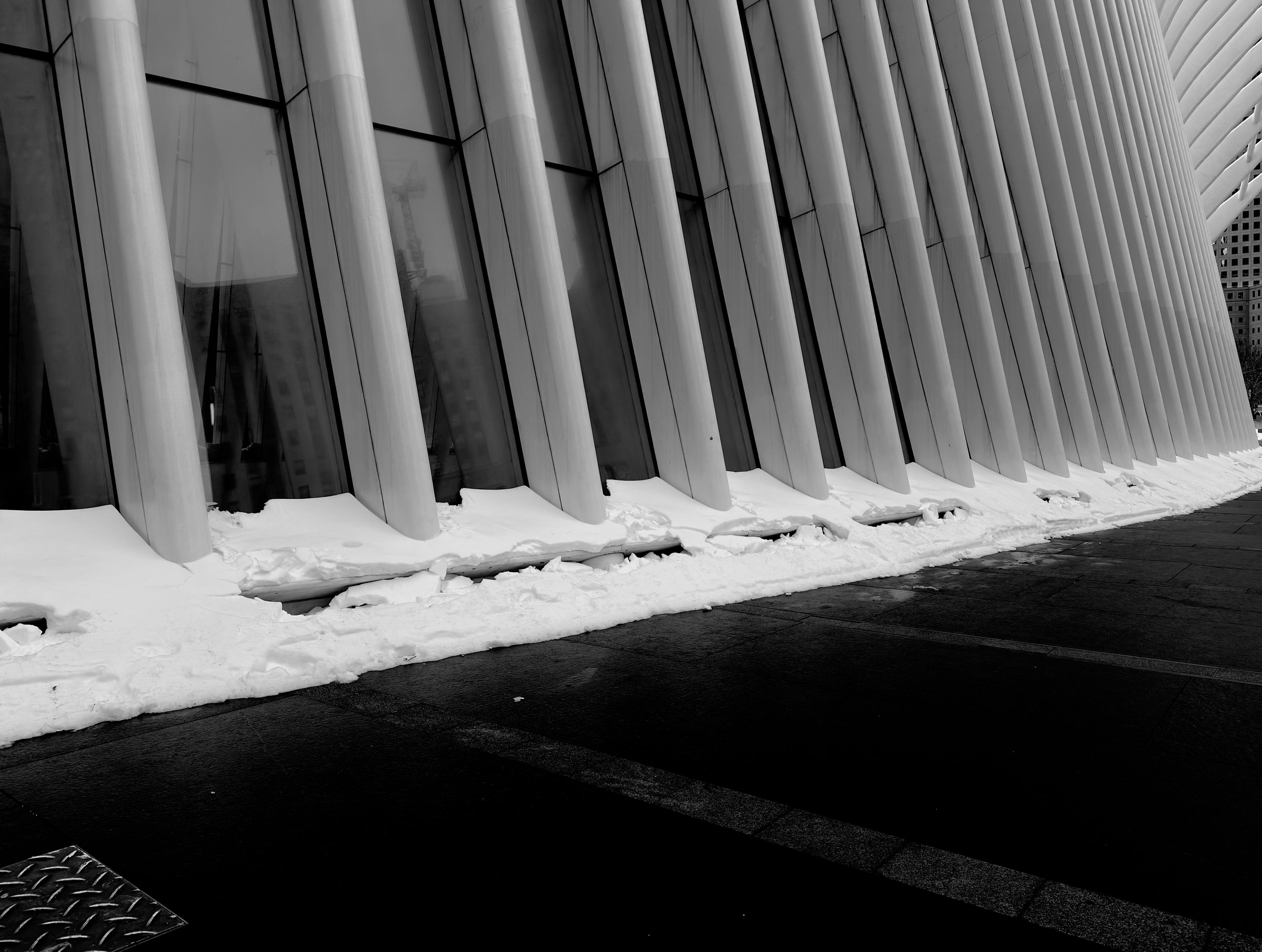 A noir, wide-angle photograph in 5:4 aspect ratio that captures a close-up, architectural street scene outside with a side view of the Oculus at the World Trade Center in New York City. The image focuses on the rhythmic, repeating white steel ribs of the structure as they curve upward and into the distance. Bright, white snow is piled thick at the base of each rib where they meet the dark, wet pavement, creating a stark contrast between the pristine snow, the pale structural beams, and the charcoal-toned ground. In the lower foreground a metal grate is laid into the pavement. In the background, the large glass windows of the building reflect the surrounding urban environment, including the faint silhouette of a construction crane. The perspective is shot from a low angle, emphasizing the sweeping curves as they recede toward the right side of the frame. The textures range from the smooth, matte finish of the steel to the jagged, crystalline edges of the accumulating snow and the glossy, reflective surface of the damp walkway. The overcast afternoon sky is illuminating the scene evenly.
