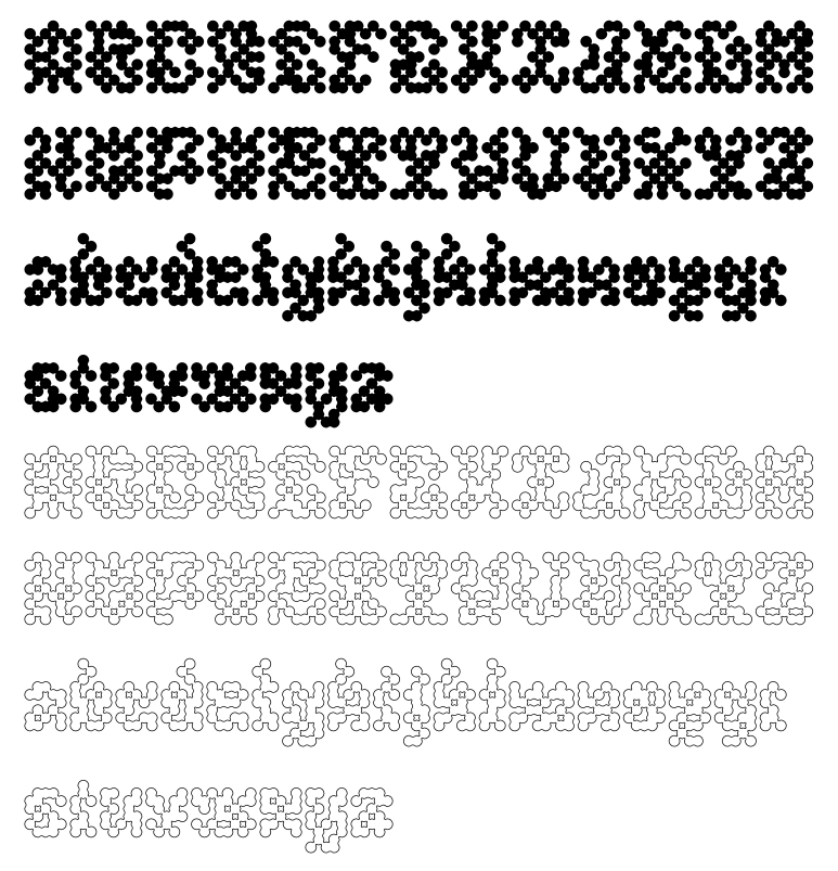 Base Latin alphabet of Plasmid in Fill and Stroke styles. The shapes are very inconsistent, the typeface looks like cells merging