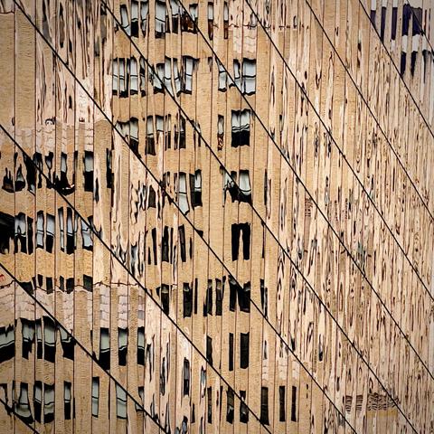 A color, medium-angle, close-up abstracted photograph of a Manhattan skyscraper featuring a grid of glass panels that reflect a neighboring stone building. The composition is dominated by a dizzying array of vertical and diagonal lines, with the thin, dark metallic frames of the glass panes creating a sharp geometric pattern across the frame. The reflected image is heavily distorted by the surface of the glass, causing the rows of windows from the across-the-street building to appear wavy, elongated, and liquid-like. The color palette is warm and monochromatic, consisting of rich tan, beige, and cream tones from the reflected masonry, contrasted by the dark, rhythmic lines of the window frames. The overall effect is one of architectural surrealism, where the rigid structure of the modern skyscraper dissolves into a fluid, shimmering golden mosaic. The perspective is tight and angled, focusing entirely on the play of light and shadow within the reflection rather than the structure of the building itself.