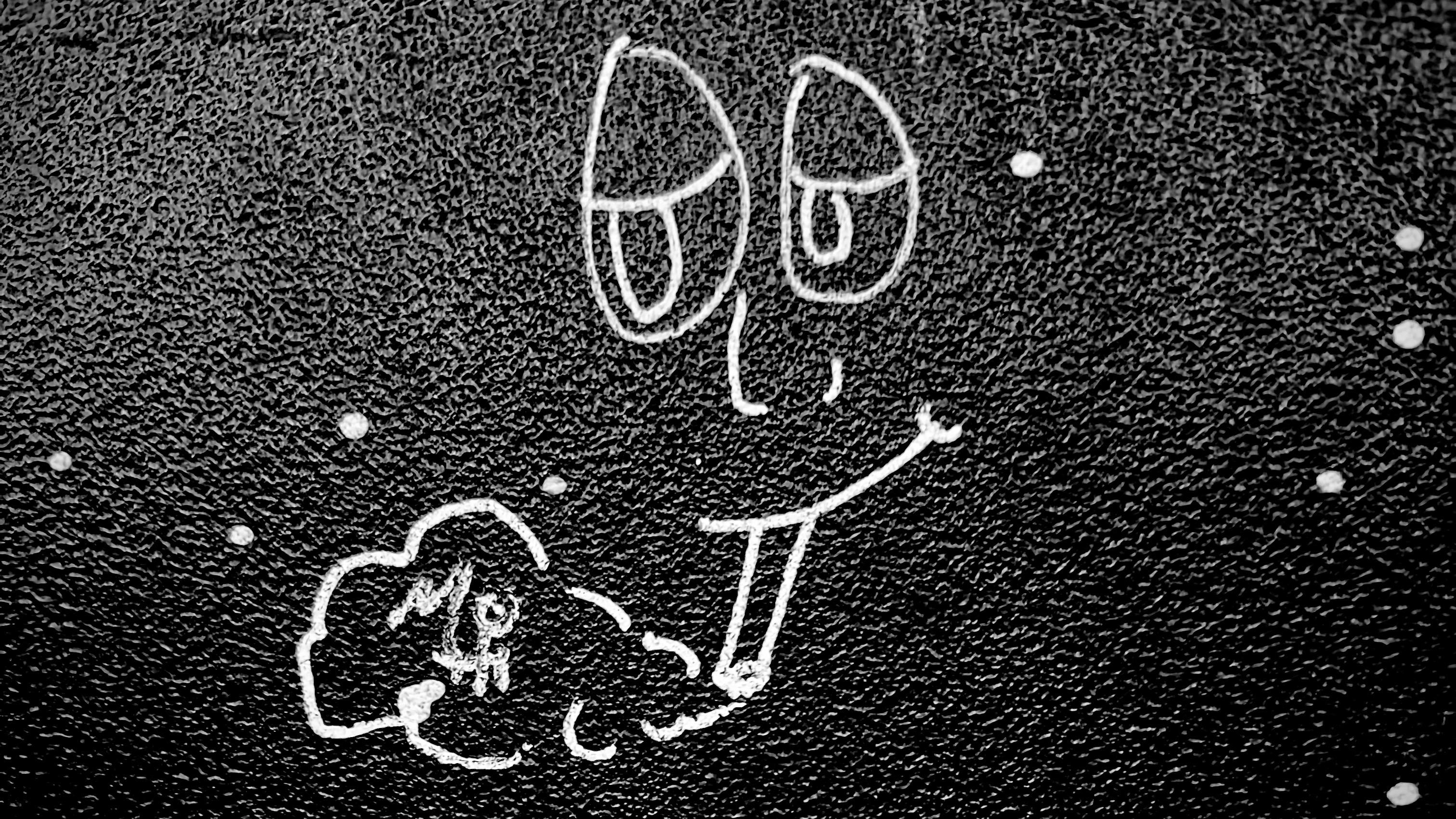 A noir, high-contrast photograph in landscape orientation that captures a simple, hand-drawn graffiti doodle in white ink on a dark, textured bathroom stall door inside of a bar on the Upper West Side of Manhattan. The drawing features a whimsical face with large, droopy, oval-shaped eyes and heavy eyelids that give it a dazed expression. A long, thin nose sits above a wide, lopsided grin, from which a cannabis joint protrudes. A small, stylized puff of smoke exhales from the end of the blunt, forming a cloud that contains the word "MOTH" written in capital letters. The background is a rough, granular material dotted with small white specks resembling stars.
