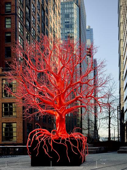 A color, wide-angle photograph in portrait orientation that captures the art installation titled "Old Tree" by Swiss artist Pamela Rosenkranz. It is a 25-foot-tall sculpture that was situated on the High Line above the intersection of 10th Avenue and West 30th Street in the Hudson Yards neighborhood of Manhattan. The sculpture is a vibrant, monochrome reddish-pink that stands in sharp contrast to the surrounding glass and brick skyscrapers of the skyline. Its form mimics a leafless, weathered tree, but the texture and color are intentionally synthetic and "fleshy," with branches and roots that evoke the branching systems of the human circulatory system, such as blood vessels, veins, and capillaries. The sculpture sits atop a large, black rectangular plinth, which appears to be covered in a dark material. Several thick, gnarled roots extend from the base of the trunk and "crawl" over the edges of the pedestal, reaching toward the ground. The trunk is muscular and textured, leading upward into a dense canopy of smaller, spindly branches that stretch toward the sky. Created from steel, foam, and resin with a glossy UV coating, the artwork is designed to explore the intersection of the natural and the artificial. Afternoon sunlight is warmly illuminating the scene.