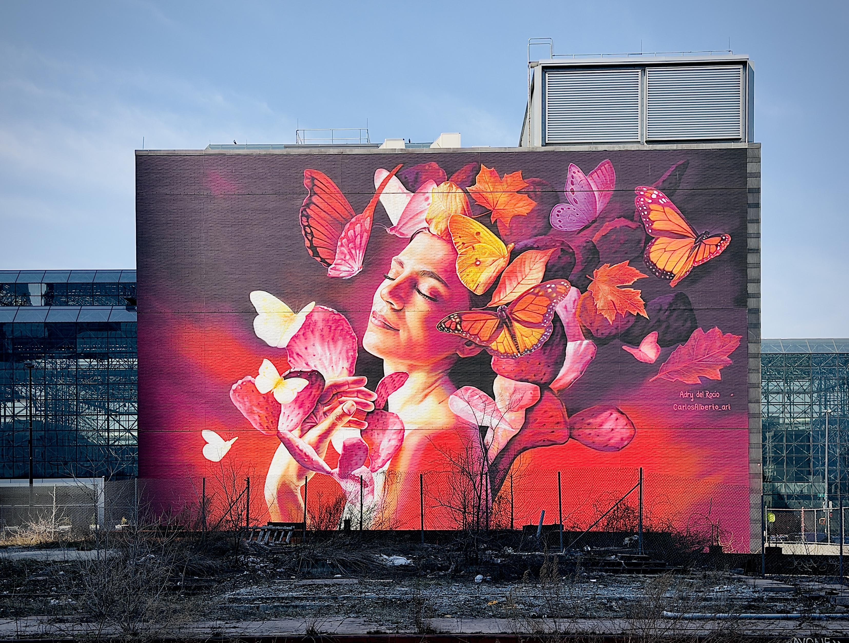 A color, wide-angle photograph in landscape orientation that captures a large-scale mural, painted on a broad brick wall in the Hudson Yards neighborhood of Manhattan. It features a vibrant and dreamlike portrait of a woman with her eyes closed in a state of serene contemplation. The woman's face and upper torso are rendered in warm, glowing tones of peach, orange, and soft pink, appearing as though illuminated by a sunset. Her hair and the space around her head dissolve into a swirling cloud of autumn leaves and various butterflies in shades of gold, magenta, and monarch orange. The background is a dramatic gradient of deep crimson and purple, which makes the central figure pop against the industrial urban setting. In the lower foreground, a chain-link fence and a patch of dry, wintery brush sit before the base of the mural, contrasting the artwork’s lush, organic warmth with the gritty reality of a city lot. To the left, the glass-paneled facade of a modern skyscraper reflects the clear blue sky. In the bottom right corner of the piece, the artists' handles ‘Adry del Rocio’ and ‘CarlosAlberto_art’ are neatly lettered in pink. Morning sunlight is illuminating the scene.