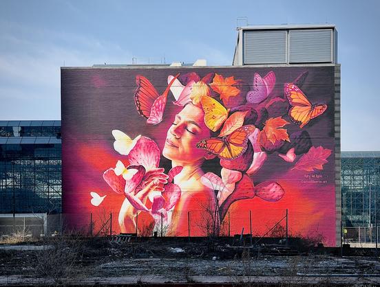 A color, wide-angle photograph in landscape orientation that captures a large-scale mural, painted on a broad brick wall in the Hudson Yards neighborhood of Manhattan. It features a vibrant and dreamlike portrait of a woman with her eyes closed in a state of serene contemplation. The woman's face and upper torso are rendered in warm, glowing tones of peach, orange, and soft pink, appearing as though illuminated by a sunset. Her hair and the space around her head dissolve into a swirling cloud of autumn leaves and various butterflies in shades of gold, magenta, and monarch orange. The background is a dramatic gradient of deep crimson and purple, which makes the central figure pop against the industrial urban setting. In the lower foreground, a chain-link fence and a patch of dry, wintery brush sit before the base of the mural, contrasting the artwork’s lush, organic warmth with the gritty reality of a city lot. To the left, the glass-paneled facade of a modern skyscraper reflects the clear blue sky. In the bottom right corner of the piece, the artists' handles ‘Adry del Rocio’ and ‘CarlosAlberto_art’ are neatly lettered in pink. Morning sunlight is illuminating the scene.