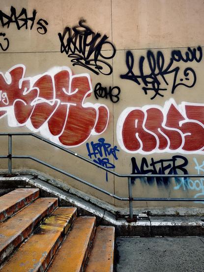 A color, medium-angle photograph in portrait orientation that captures a concrete stairwell located in the Marcy Projects section of Bedford Stuyvesant, Brooklyn. The scene features a set of weathered, yellowish-orange steps and a metal handrail. The staircase descends from the left toward a flat concrete landing at the bottom right. The steps are worn and stained, with streaks of yellow paint and residue across their surfaces, while the handrail consists of two parallel grey metal bars supported by vertical posts. A thick white line of paint marks the base of the wall where it meets the landing, providing a sharp contrast against the dark, speckled pavement. The tan colored wall adjacent to the stairs is heavily covered in various styles of graffiti and street art. Dominating the center are two large throw-ups in bold reddish-orange paint with thick white outlines. Surrounding these are numerous smaller black and blue tags. The tags vary in style from fluid, loopy script to sharp, angular lettering, creating a layered, textured appearance that reflects the urban environment of the area. A partly cloudy afternoon sky illuminates the scene.