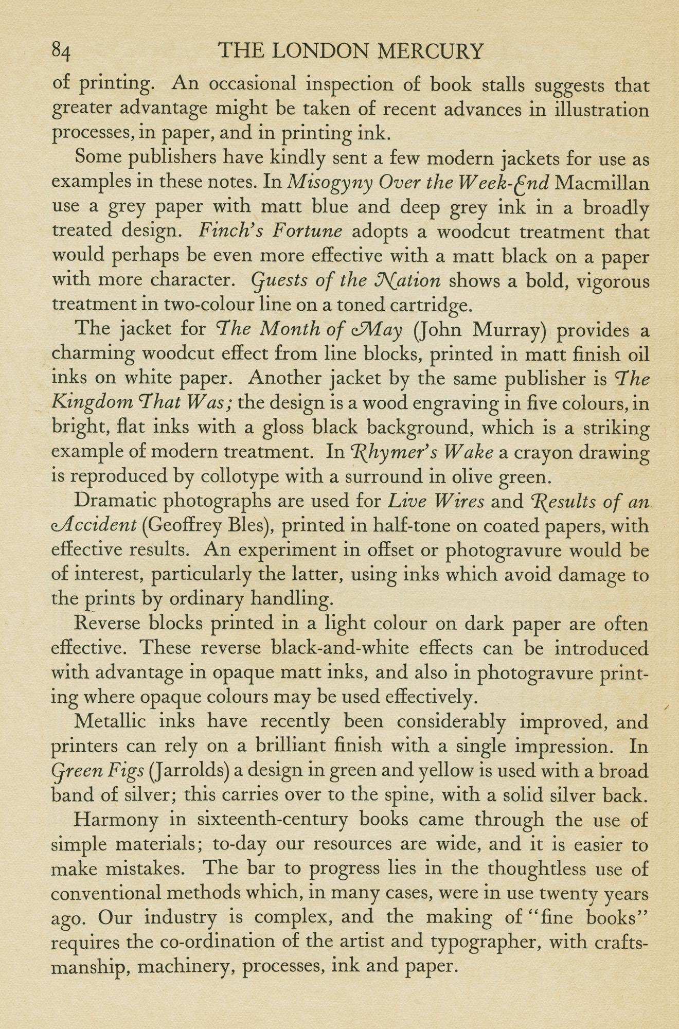 Another page from the November 1931 London Mercury set in Georgian, this time featuring some examples of the italic interspersed in the text, including several of the optional swash capitals that Jones had cut for the face.