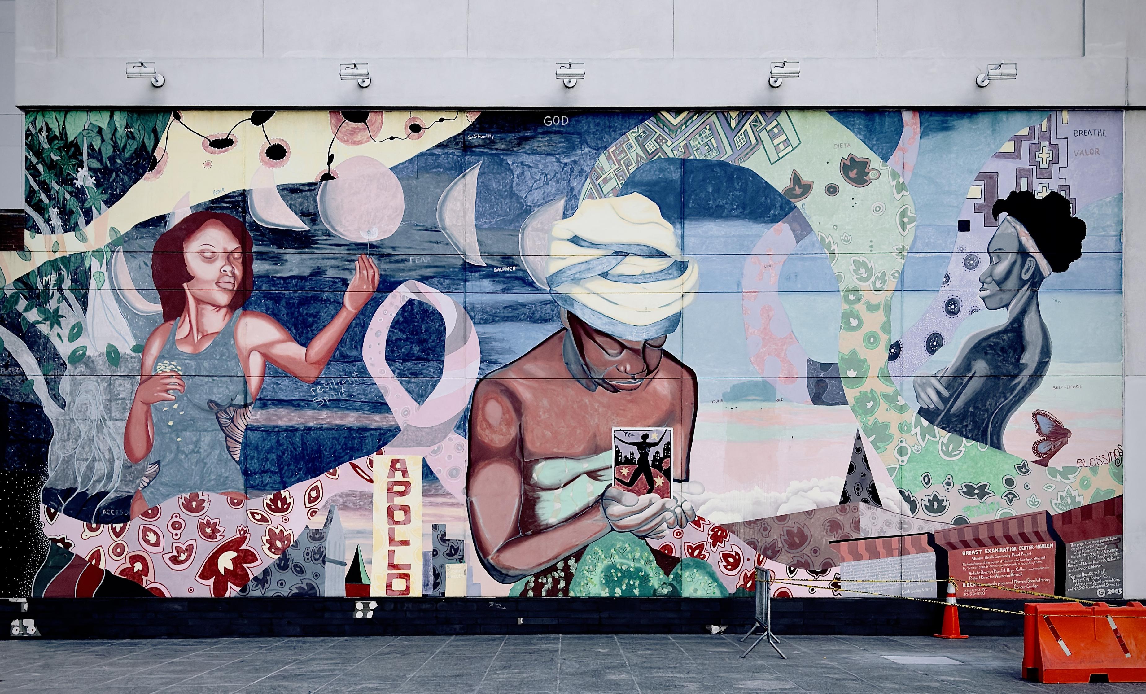 A color, wide-angle photograph in landscape orientation that captures a vibrant, multi-layered mural composition. On the left, a woman with reddish-brown hair and closed eyes reaches toward a floating orb, her figure emerging from a tapestry of floral patterns and botanical elements. In the center, a person wearing a large, light-colored headwrap looks downward with a serene expression, holding a small card that depicts a silhouetted figure. To the right, a woman in profile is rendered in grayscale, wearing a headband and looking toward the right edge of the frame, surrounded by geometric and floral motifs in shades of green and purple. A prominent "APOLLO" sign stands vertically near the center-left, referencing the iconic Harlem theater, while words like "GOD," "FEAR," "BALANCE," "BREATHE," and "VALOR" are tucked into different sections of the artwork. Sweeping, ribbon-like forms in pink and green weave between the figures, filled with intricate patterns. At the bottom right, a dedicated plaque identifies the work as part of the "Breast Examination Center of Harlem" community mural project, dated 2003. The entire mural is painted on a large building facade above a dark stone base, and five overhead spotlights are above it. Early evening sunlight is illuminating the scene.