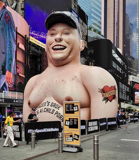 A color, wide-angle photograph in square aspect ratio that captures a large, light-skinned, inflatable caricature of Elon Musk positioned in the Times Square, Manhattan. It is surrounded by many tall buildings and digital billboards. The figure is depicted shirtless with a noticeable belly, wearing a dark grey flat cap and sporting a wide, open-mouthed grin. On the figure’s left upper arm, there is a prominent tattoo of a red heart with a banner across it that reads "KETAMINE." The figure’s torso prominently displays the text "SPACEX'S GROK MAKES AI CHILD PORN" in bold, dark, block lettering. The scene is set at street level, where the inflatable is cordoned off by black metal barriers. Several of these barriers feature signs repeating the phrase "GROK MAKES AI CHILD PORN" and the hashtag "#StopSpaceXChildNudes." In the foreground, a yellow and white rectangular sign provides navigation information for Times Square, and a few pedestrians can be seen walking along the sidewalk nearby.
