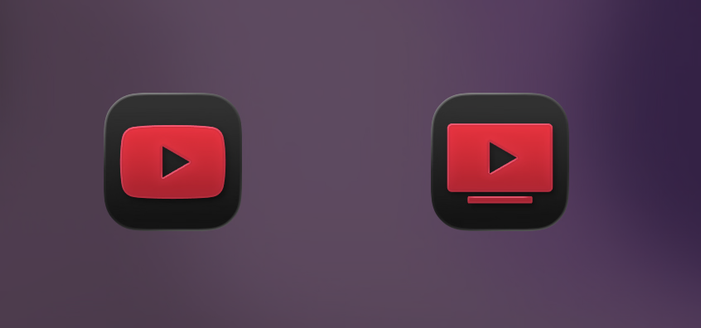 A framed screenshot of two iPadOS app icons. On the left is YouTube, a red rounded rectangle with a black play button ▶️ in the center. On the right is YouTube TV, an identical icon, save for a thin red line on the bottom that depicts a television sound bar.