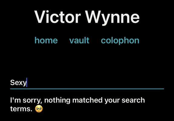 A cropped screenshot from the search interface on my website showing a query for ‘sexy’ that has returned no results with the text: I’m sorry, nothing matched your search terms. 🥺