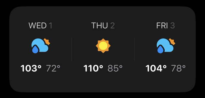 A cropped screenshot of Carrot Weather on iOS 26 displaying a daily forecast for New York City. Wednesday, July 1st: High of 103°, low of 72° Thursday, July 2nd: High of 110°, low of 85° Friday, July 3rd: High of 104°, low of 78°