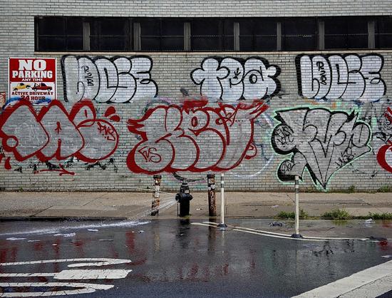 A color, wide-angle photograph in landscape orientation that captures an urban street scene along Walton Avenue in the Highbridge neighborhood of the Bronx featuring a light gray brick wall heavily covered in large graffiti bubble letters and throw-ups. On the left side of the wall, a bright red and white sign reads "NO PARKING ANY TIME" and warns of an "ACTIVE DRIVEWAY 24 HOUR" with an illustration of a tow truck. Below a long, horizontal black mesh window grating running across the top of the wall, multiple layers of graffiti tags are visible. The top layer consists of white bubble letters outlined in black, while the lower layer features large red-outlined bubble letters and a stylized silver piece outlined in black and sharp mint-green highlights. In the foreground an asphalt street is visibly wet, reflecting the colors of the graffiti from the wall above. A black fire hydrant sits on the sidewalk curb, flanked by two rusted metal bollards, and is spraying a pressurized stream of water directly across the asphalt toward the left. Partly cloudy afternoon sun is illuminating the scene.