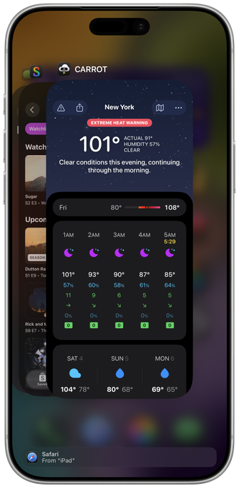 A frame screenshot of the multitasking switcher on iOS 26.5.2 showing recently opened apps, and a handoff shortcut to open “Safari - From iPad”.
