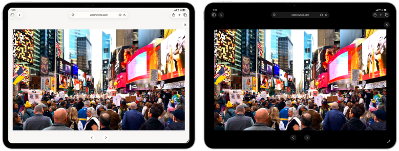 A framed screenshot showing my website’s photo gallery image viewer in both light and dark mode in Safari on iPadOS 26.5.2