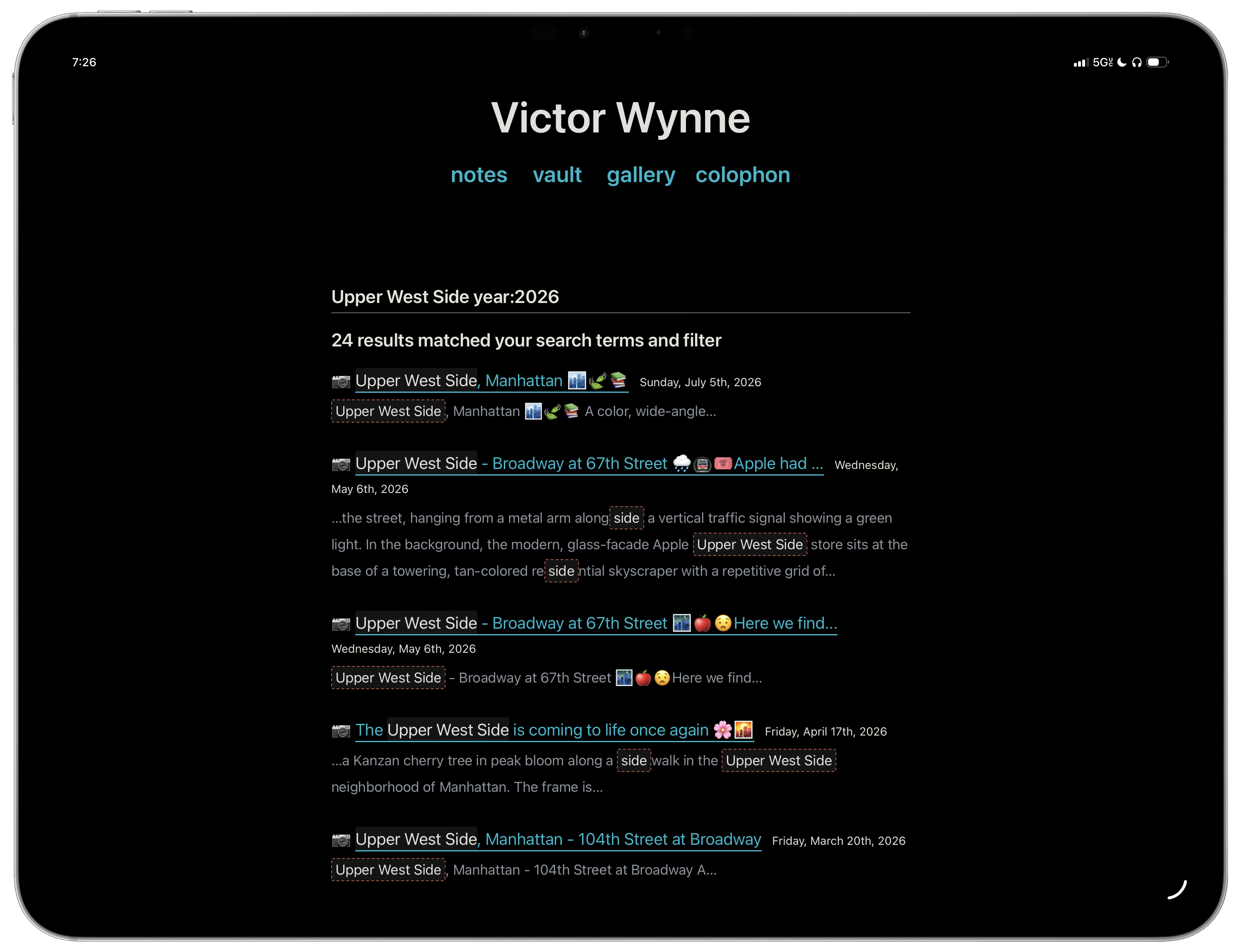A framed screenshot of the search page on my website showing a list of results: Search field: Upper West Side year:2026 24 results matched your search terms and filter - a list of relevant results of photo posts title matched -