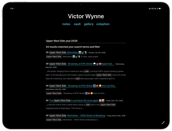 A framed screenshot of the search page on my website showing a list of results: Search field: Upper West Side year:2026 24 results matched your search terms and filter - a list of relevant results of photo posts title matched -