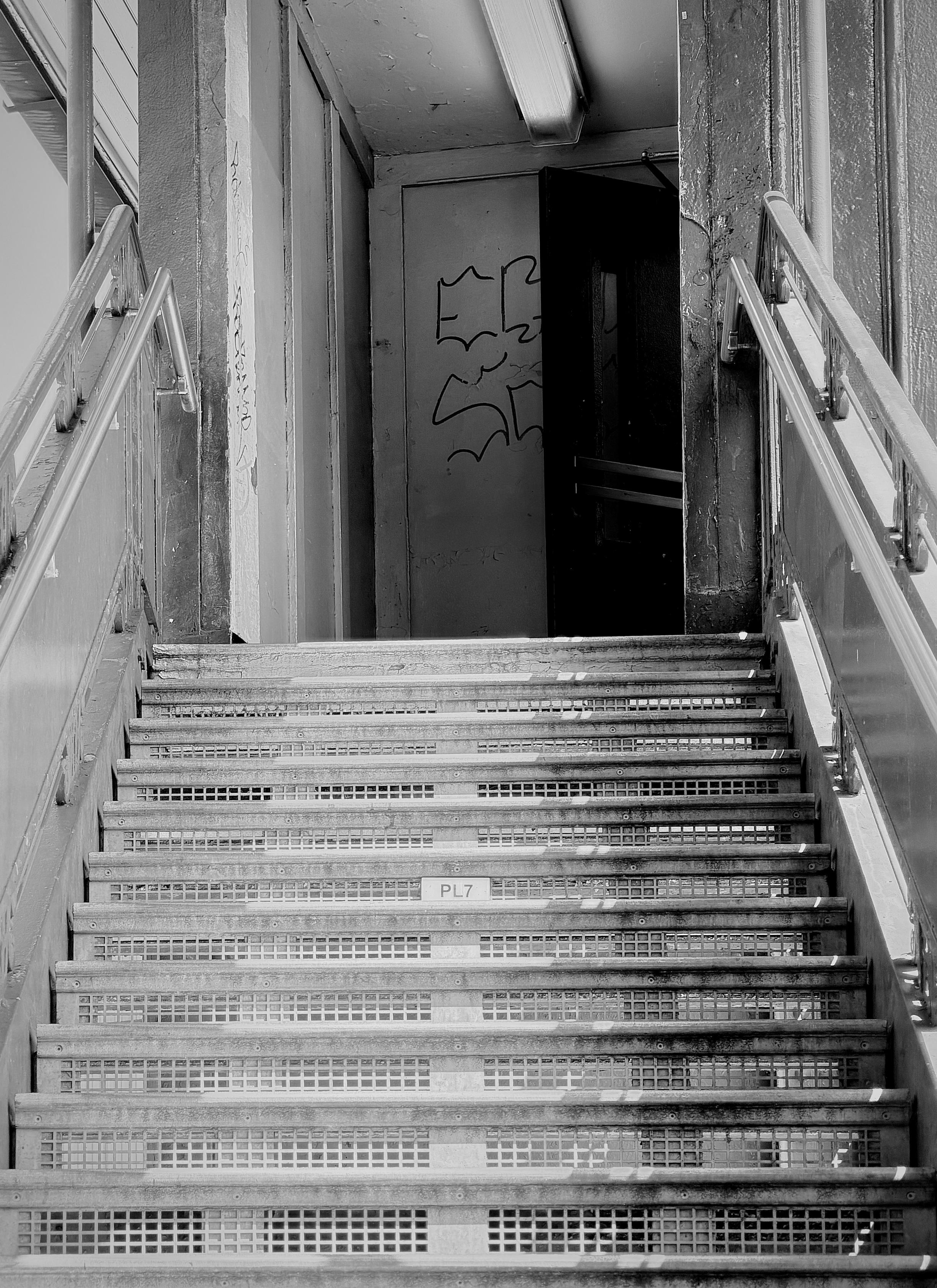 A noir, wide-angle photograph in portrait orientation that captures a set of heavy metal stairs ascending towards a doorway on the elevated 225th Street station in Marble Hill, Manhattan. The stairs feature grated steps with a small label reading "PL7" centered on one of the lower treads, and they are flanked on both sides by industrial metal handrails. Strong overhead lighting casts sharp highlights along the edges of the steps and handrails, contrasting deeply with the gritty texture of the weathered surfaces. At the top of the staircase, a narrow landing leads to a slightly ajar, dark doorway. To the left of the doorway, a pale wall bears jagged black graffiti markings, adding a raw, urban element to the composition. An elongated overhead light fixture glows brightly from the ceiling above the landing, casting a stark illumination over the scene and creating a moody, film-noir atmosphere characterized by high contrast between deep shadows and bright metallic highlights.