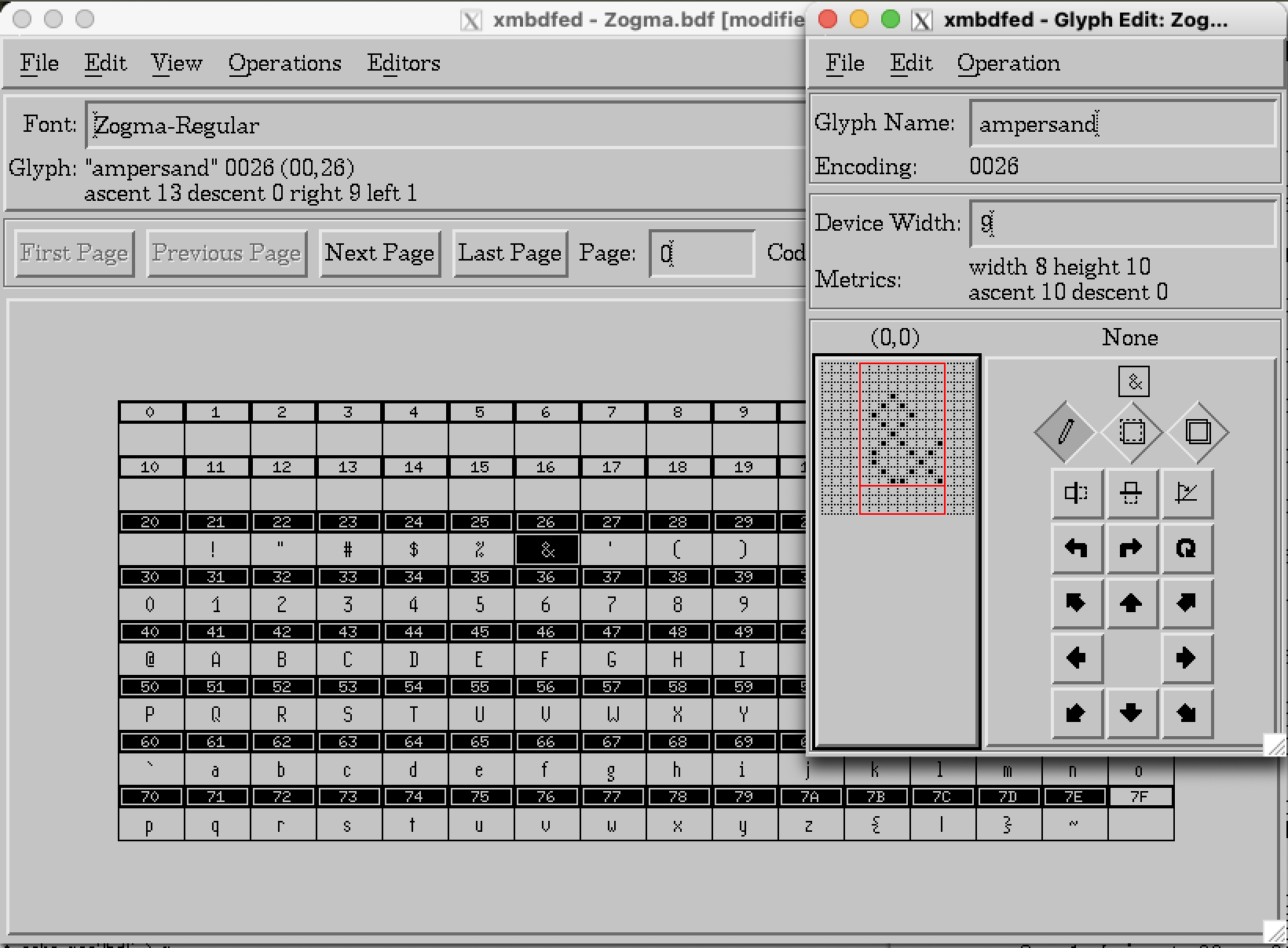 A, very grey, screenshot of a slightly clunky looking X Motif app. A grid of glyphs is visible in one window, with various font-editing commands attached to buttons, and some font-metric like information being displayed (like, ascent and device width). Overlaid in front on the right is a small window that is an editor for a single glyph, showing the exact bitmap in zoomed in detail, with more buttons and controls that could be used for editing. All the controls are outline with a sort of 3D bevel effect. It has an _extremely_ strong 1990s Unix workstation vibe, but you had to be there.