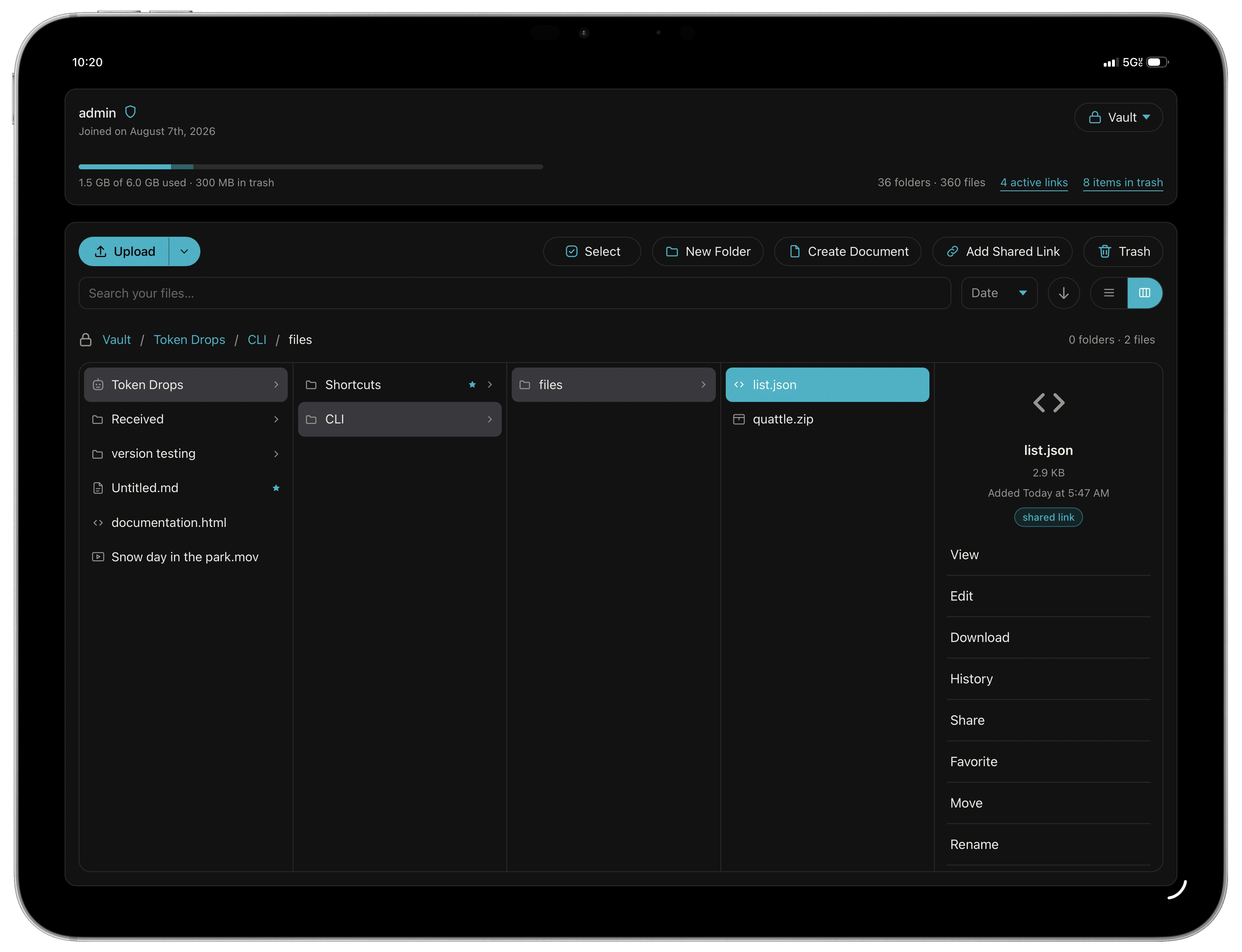A framed screenshot on iPadOS 26.6 display a progressive web app that functions as a file browser. A top container lists the admin username and 1.5GBs of a 6GB cap used, 300MBs in the trash. A navigation pill shows 🔒 Vault page currently active. Beneath it a column view file browser shows three nested folder columns, and a file preview pane.