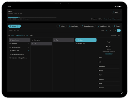 A framed screenshot on iPadOS 26.6 display a progressive web app that functions as a file browser. A top container lists the admin username and 1.5GBs of a 6GB cap used, 300MBs in the trash. A navigation pill shows 🔒 Vault page currently active. Beneath it a column view file browser shows three nested folder columns, and a file preview pane.