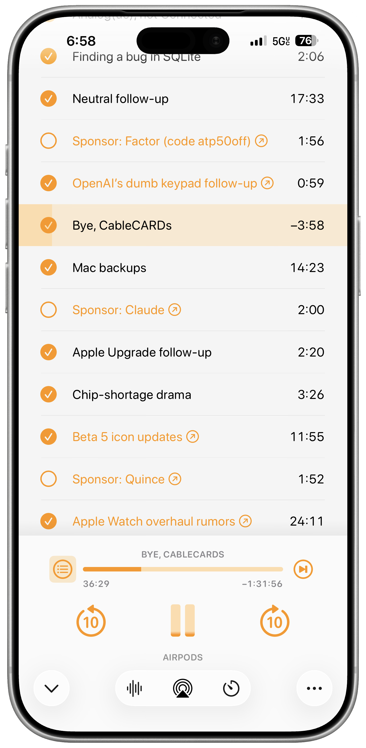 A framed screenshot of Overcast on iOS 26.6, showing the chapter selection screen for an episode of Accidental Tech Podcast. The advertisement chapters for Factor, Claude, and Quince have been deselected. 