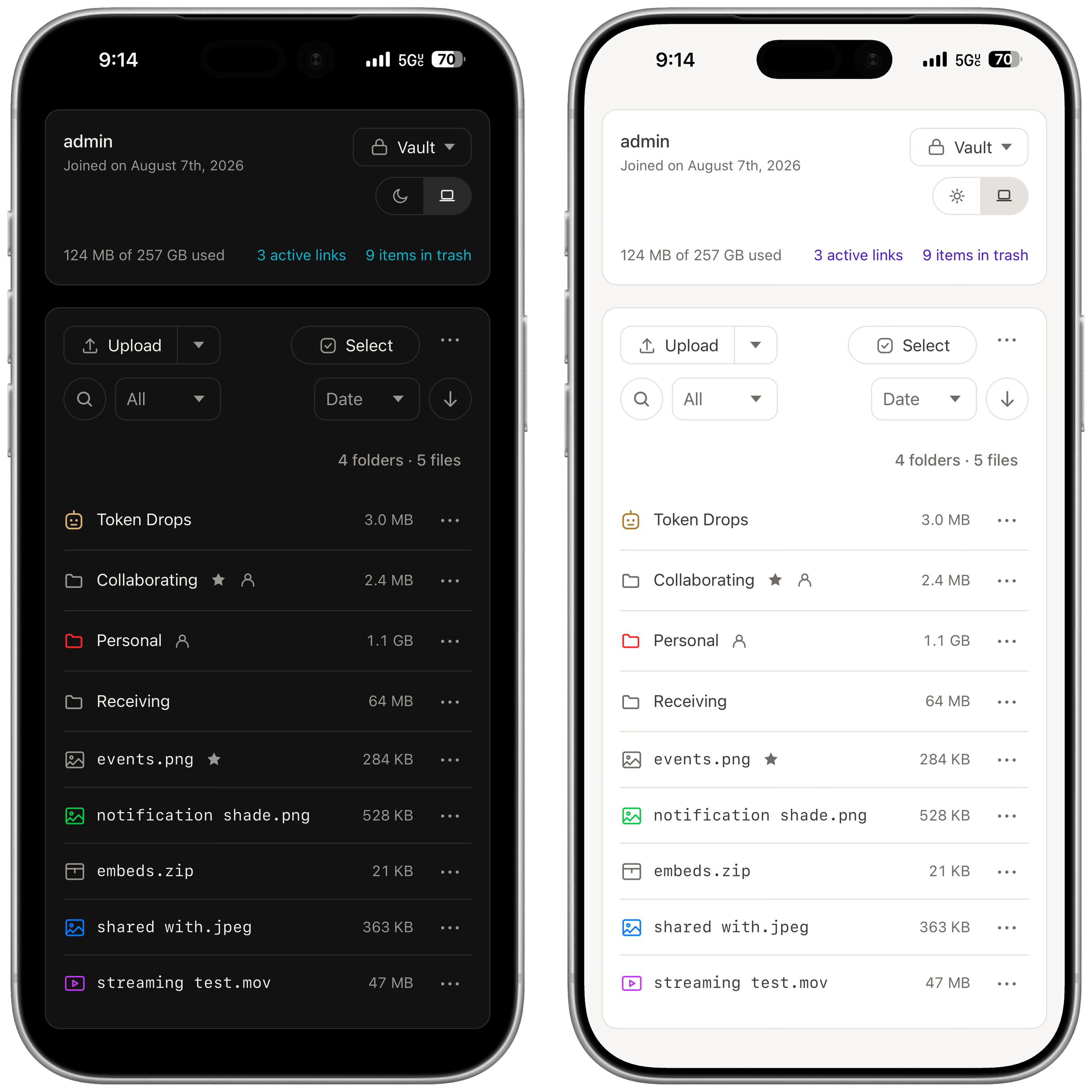 A set of two framed iPhone screenshots showing a dark and light mode interface for a file browsing app. A narrow top container has a storage usage data line, shortcuts to ‘active links’ and the trash bin, then a navigation menu that is currently viewing Vault, and a display setting beneath it. The files list itself is monochrome, and shows multiple folders and files, several with colored glyphs to signify them carrying tagged.